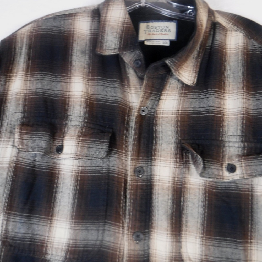 Boston Traders Mens XXL Fleece Lined Flannel Shirt Brown Black Plaid Outdoor
